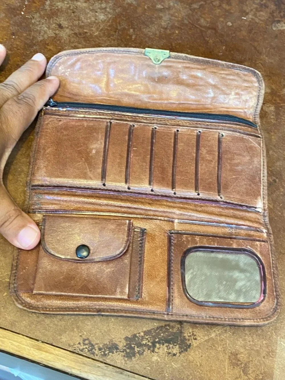 50s 60s Handmade Mexican Wallet Brown Leather Tooled Aztec Calendar Vintage